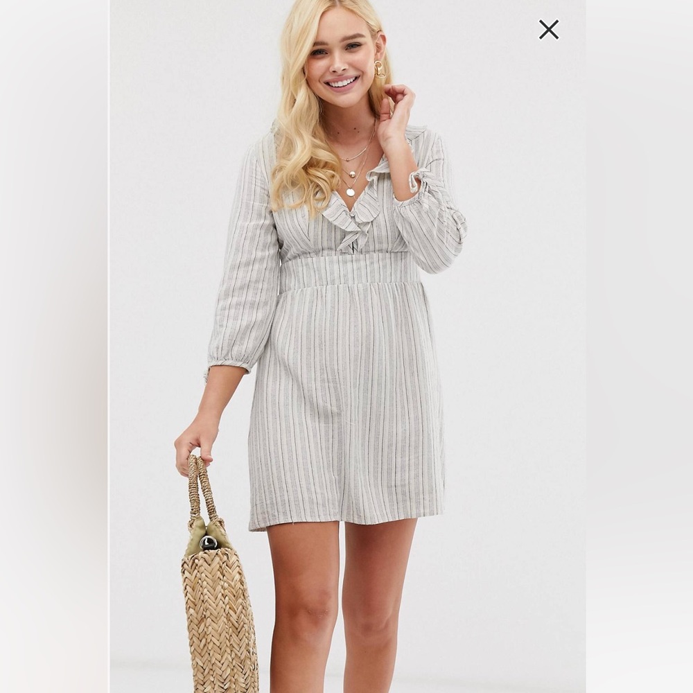 Gilli Ruffle Front Mini Linen Dress Stripe V-neck Summer Light Blue Beige Cute